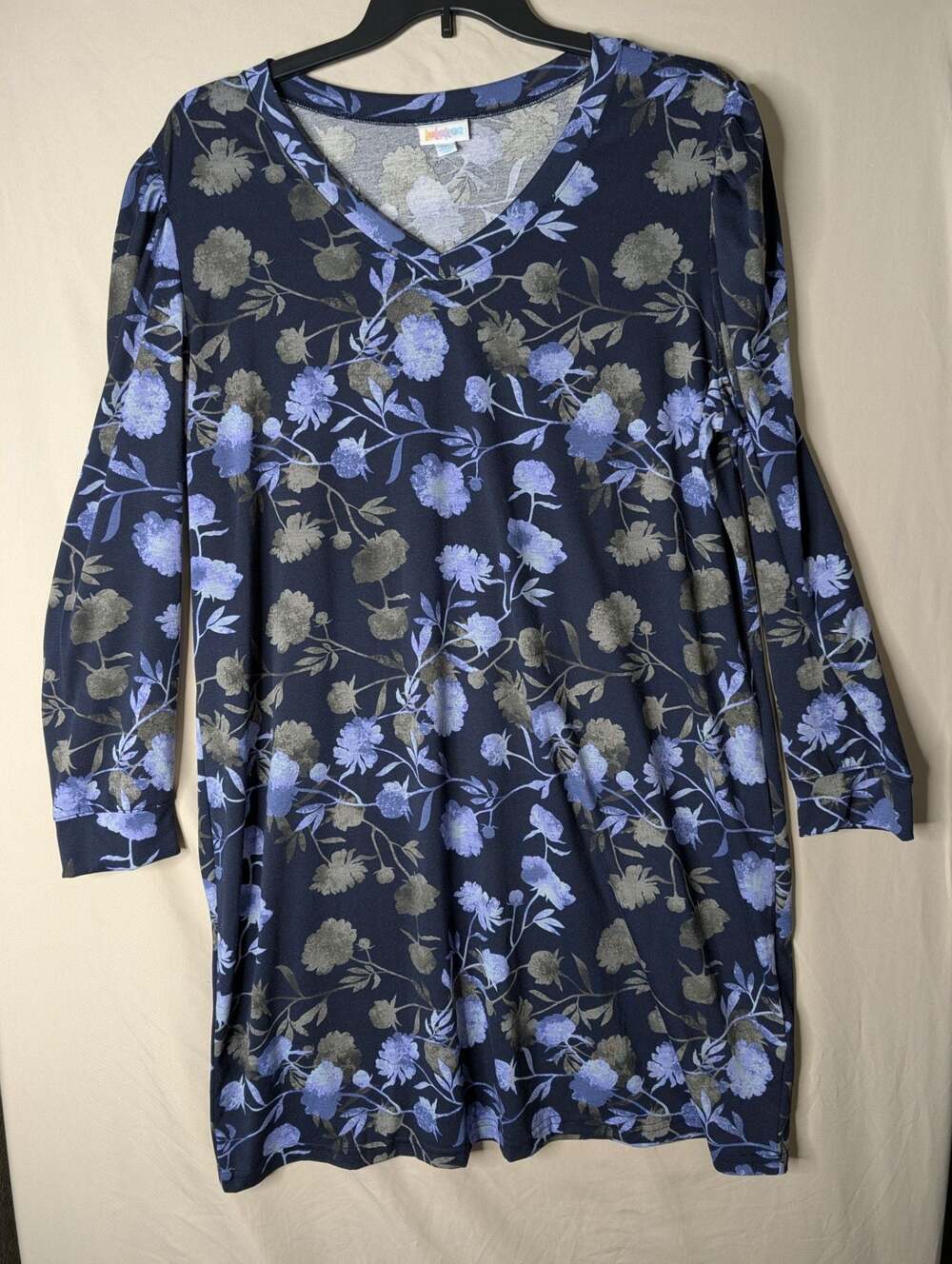 LuLaRoe Ava Long Sleeve V-Neck Floral Print Dress, Navy Blue, Size 2XL